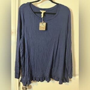 Matilda Jane NWT Top Womens XXL Navy Blue Long Sleeve Ruffle Hem Stretch Casual